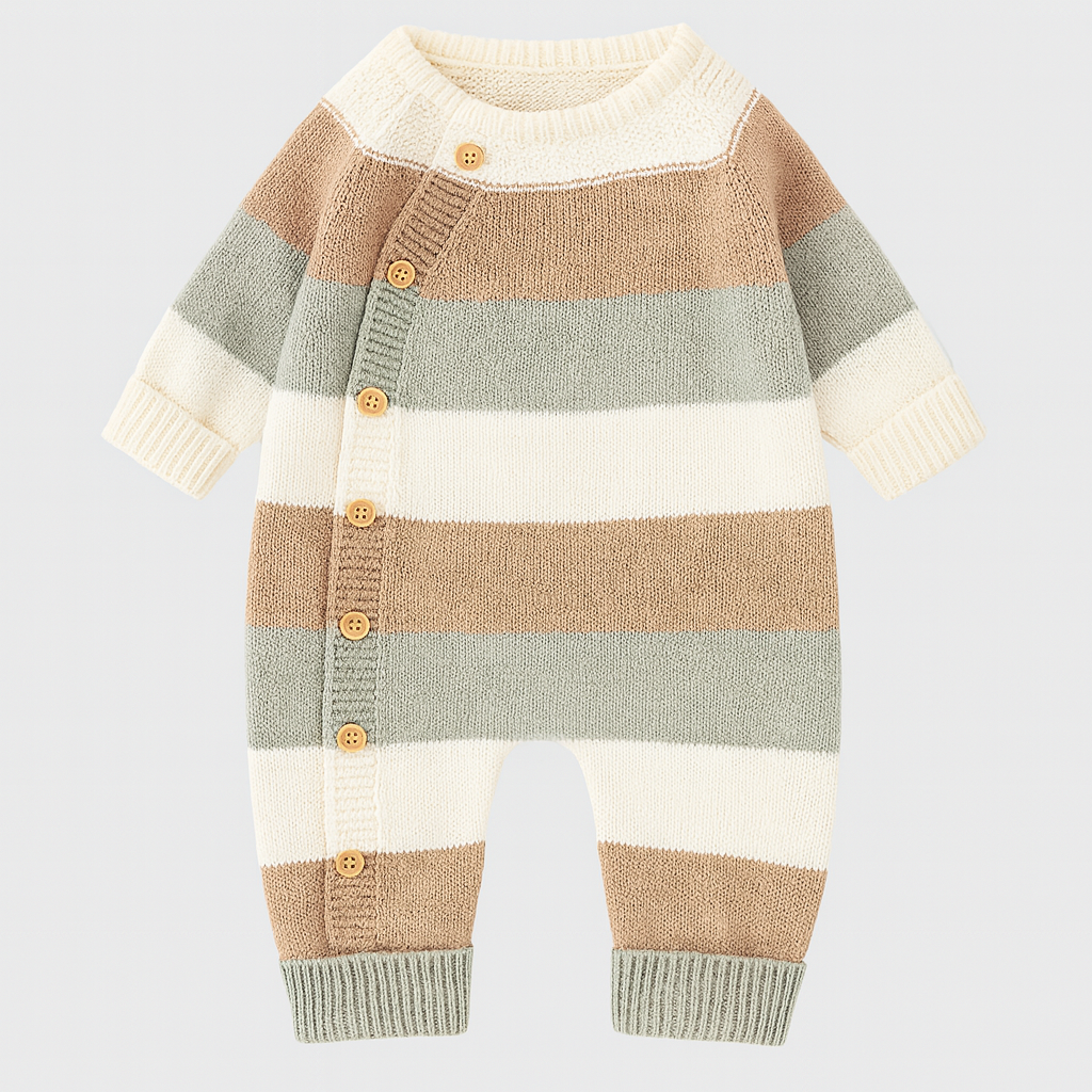 Randig stickad babyromper med sidoknappar, fotograferad mot en enkel bakgrund.