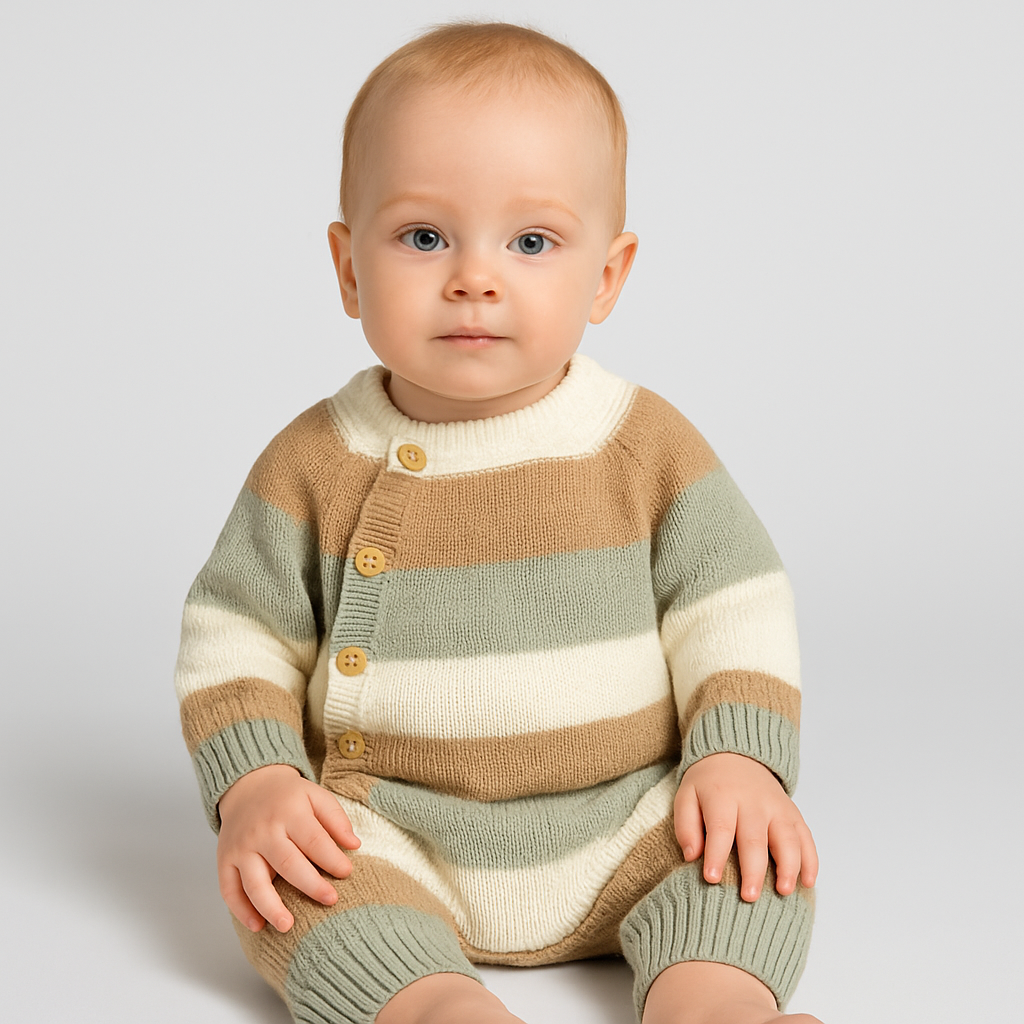 Randig stickad babyromper med sidoknappar, fotograferad mot en enkel bakgrund.