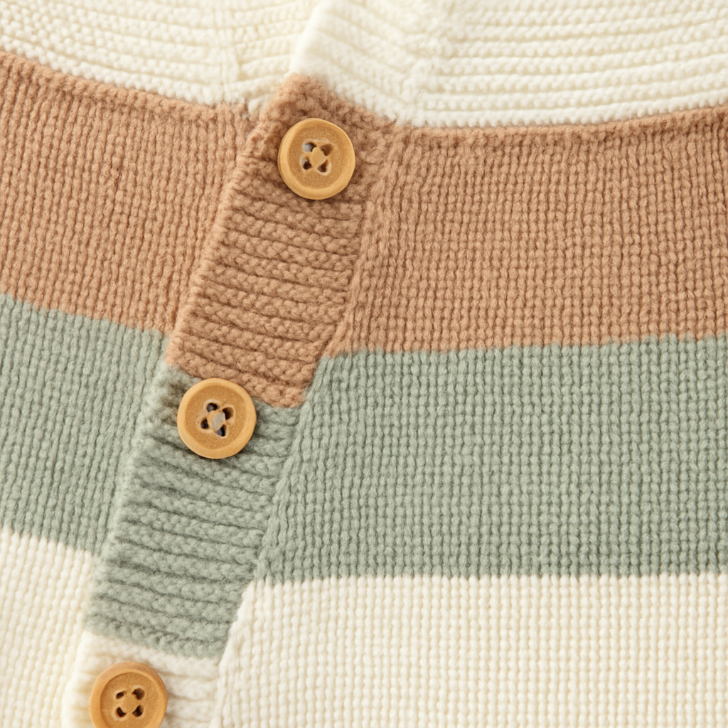 Randig stickad babyromper med sidoknappar, fotograferad mot en enkel bakgrund.