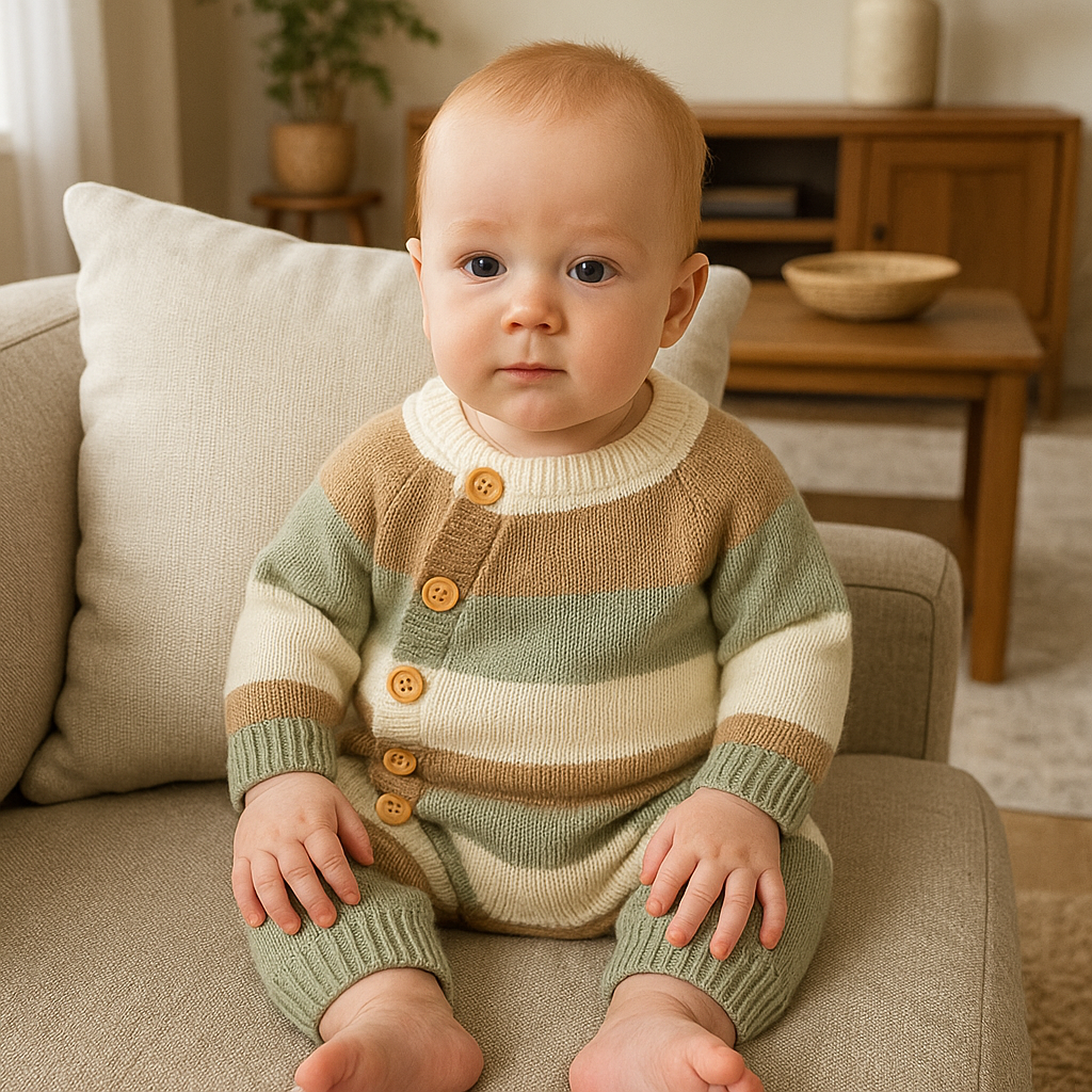 Randig stickad babyromper med sidoknappar, fotograferad mot en enkel bakgrund.