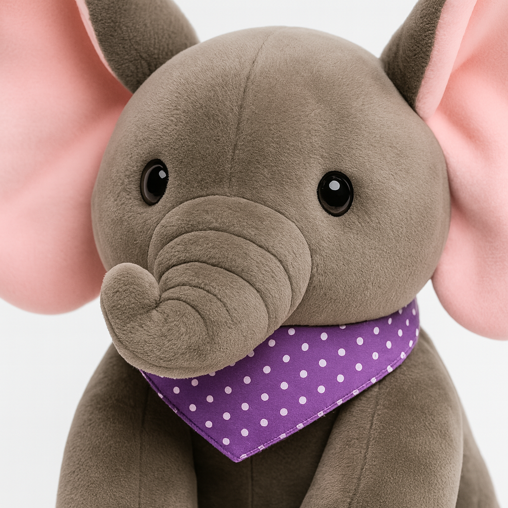 Grå plyschelefant med rosa öron som fladdrar och musikknappar på tassarna