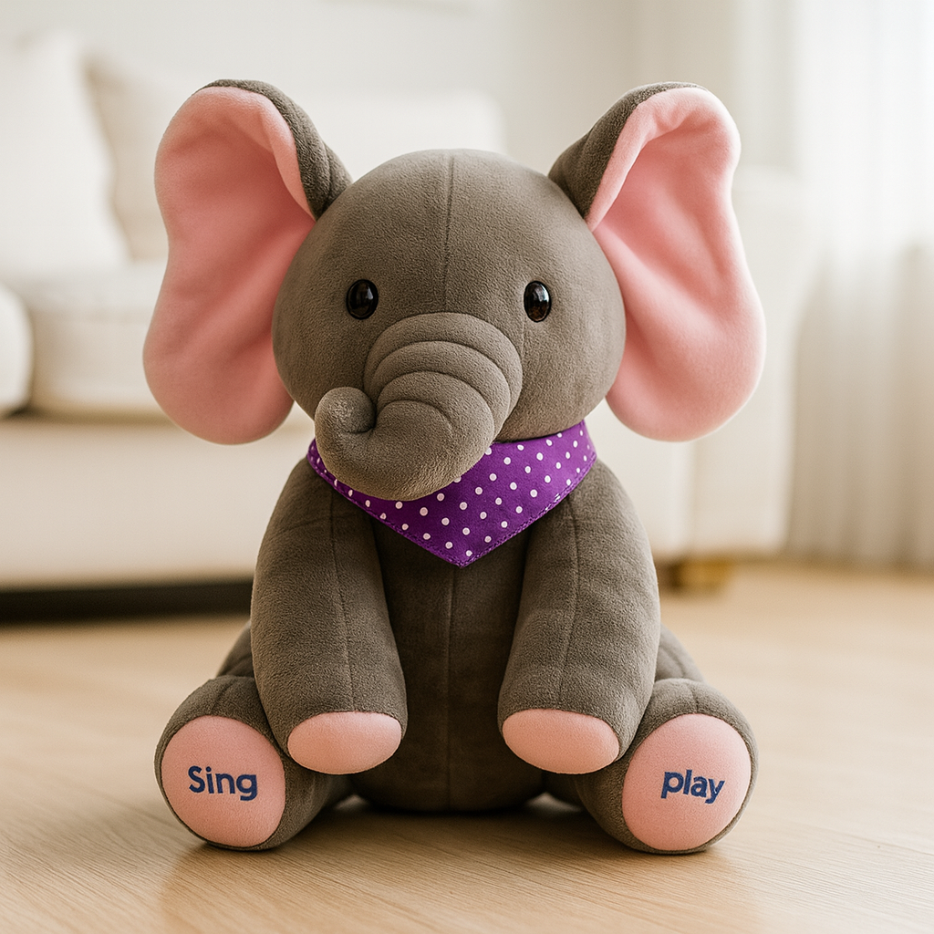 Grå plyschelefant med rosa öron som fladdrar och musikknappar på tassarna