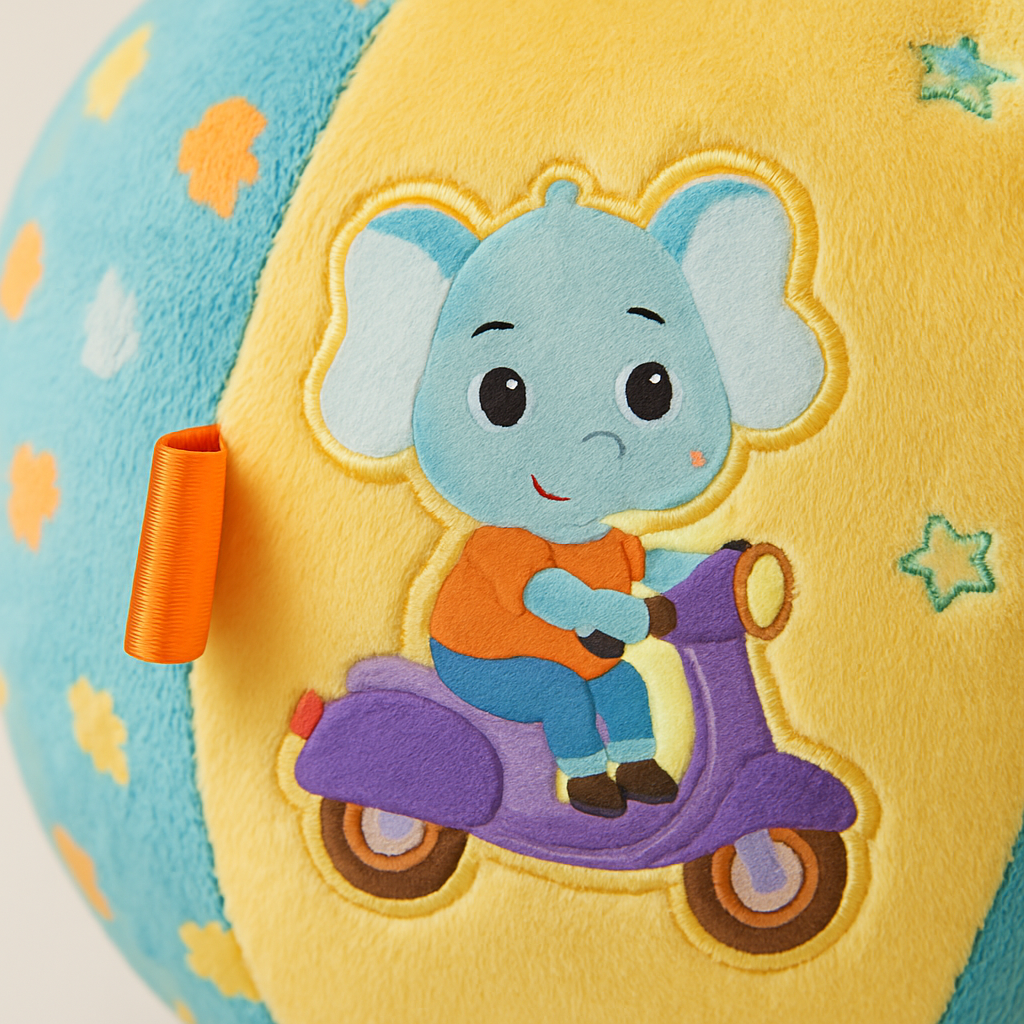 Rund blå och gul aktivitetsboll i plysch med färgglada tygflikar och en söt elefant som kör scooter.