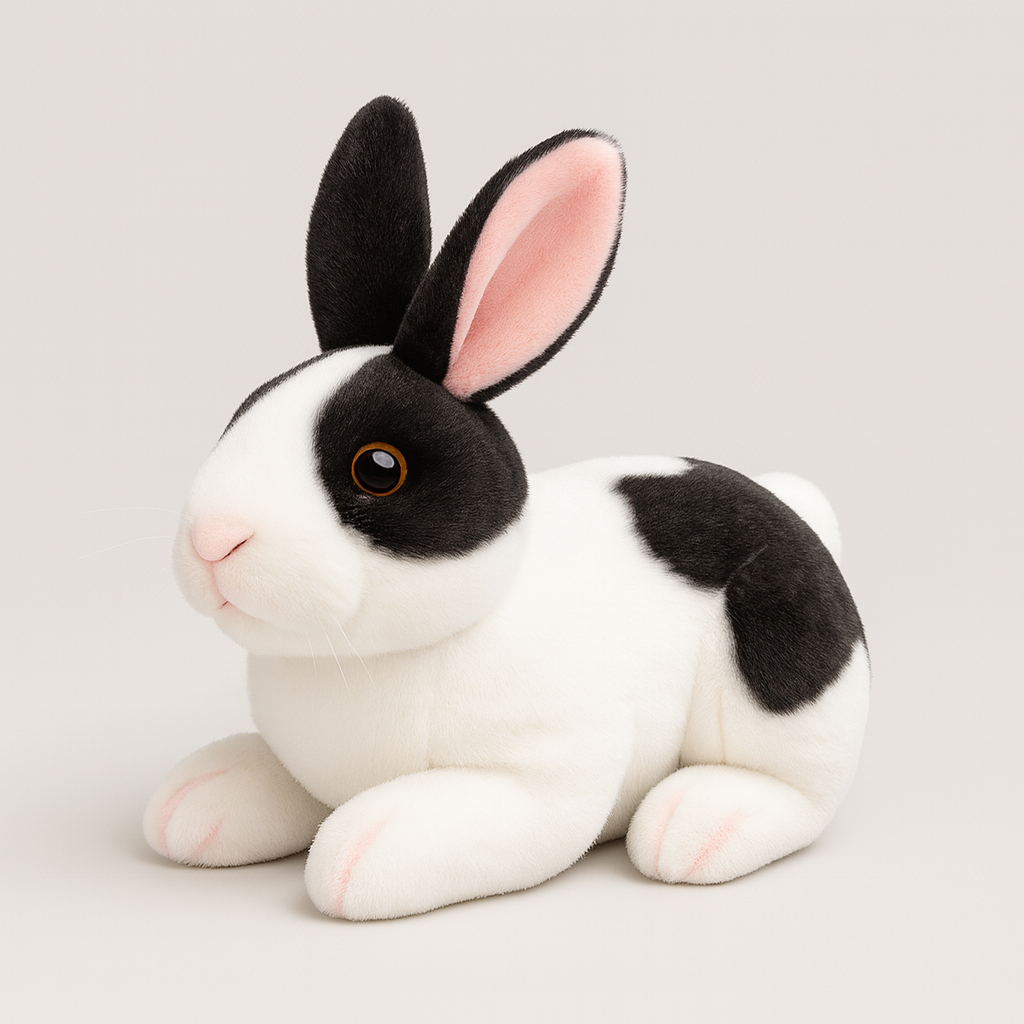 Svartvit plyschkanin med rosa detaljer på tassar och öron, sittande i en lugn pose.