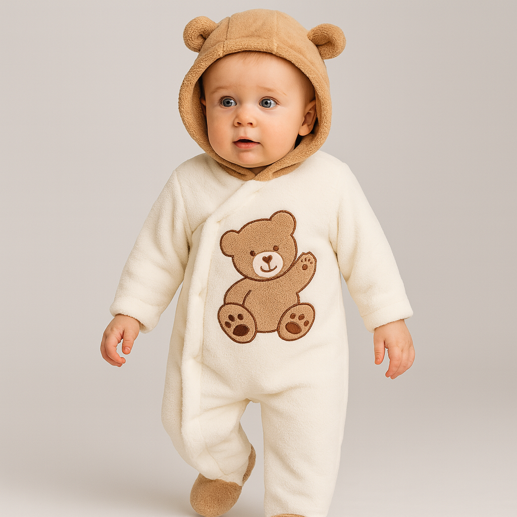 Cream- och brunfärgad björn-inspirerad plyschdräkt med huva och broderad björn på framsidan