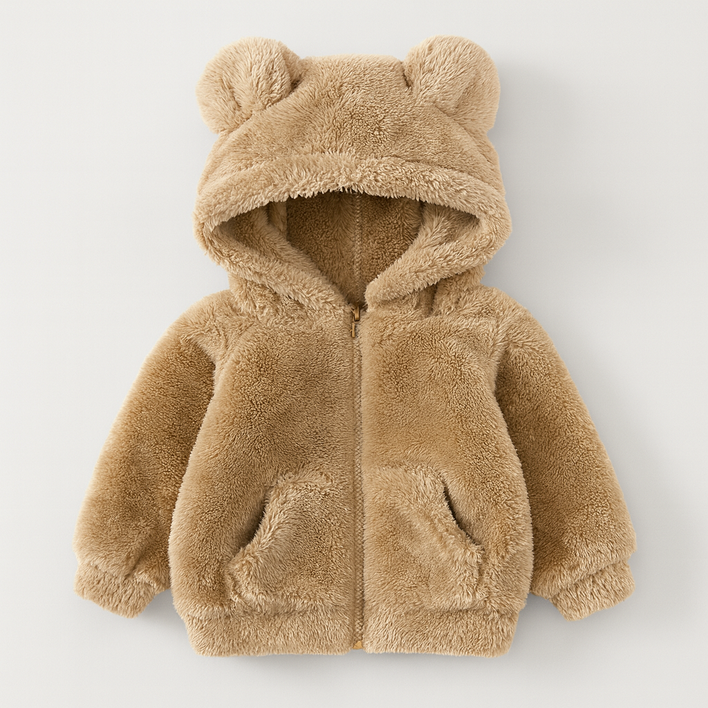 Babyfleecejacka med huva och björnöron, fotograferad mot enkel bakgrund