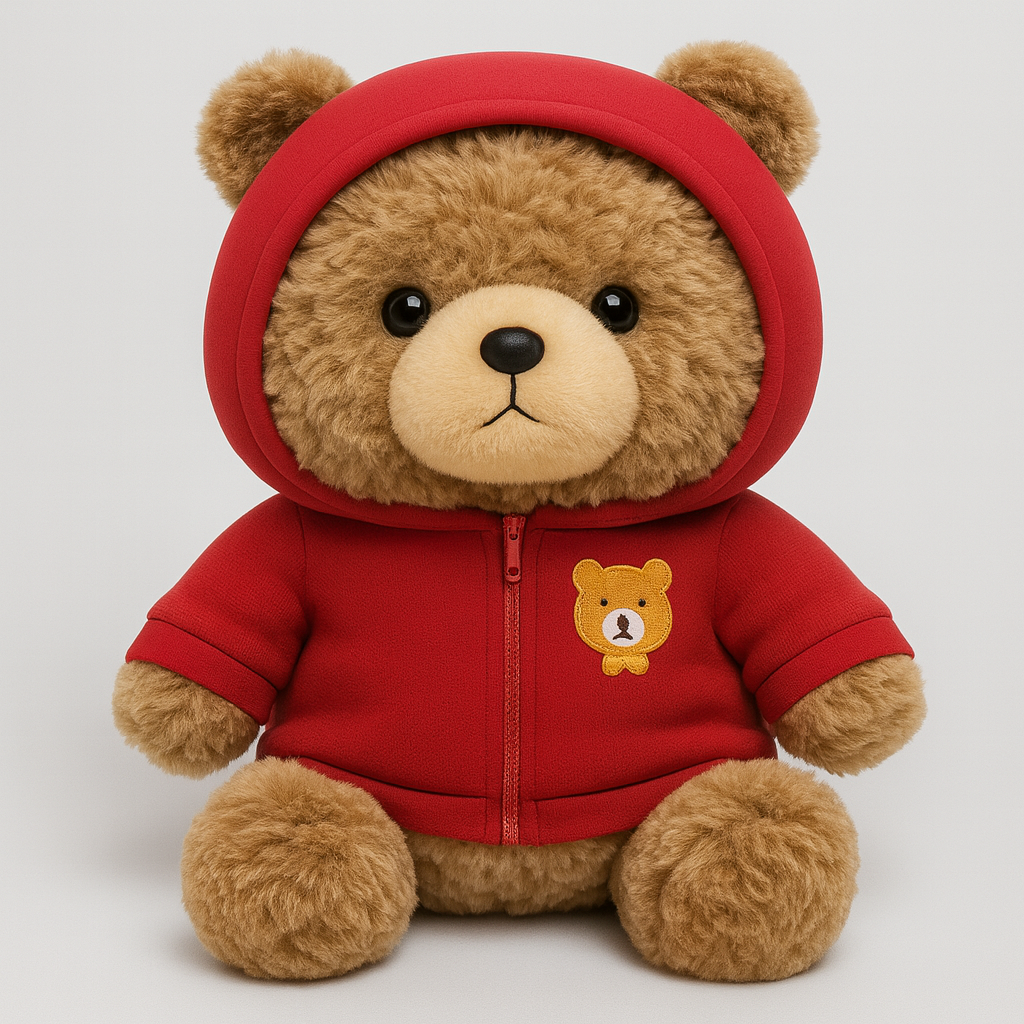 Plyschbjörn med röd hoodie som sitter upprätt