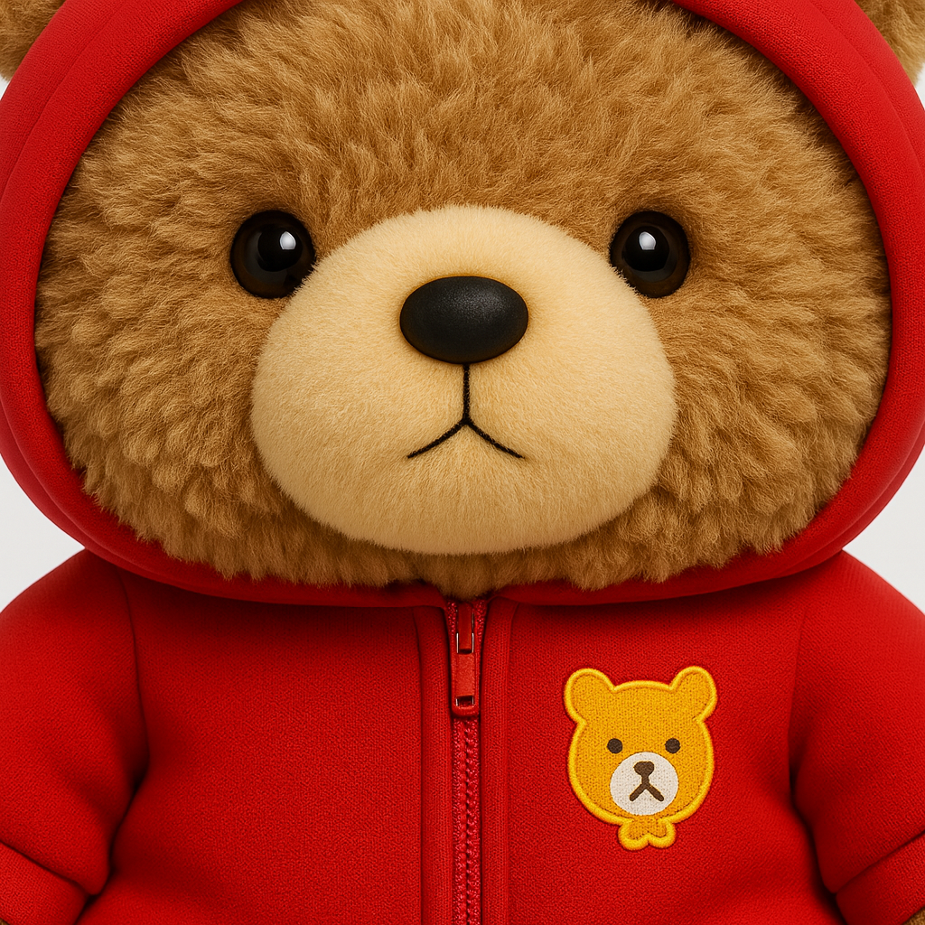 Plyschbjörn med röd hoodie som sitter upprätt