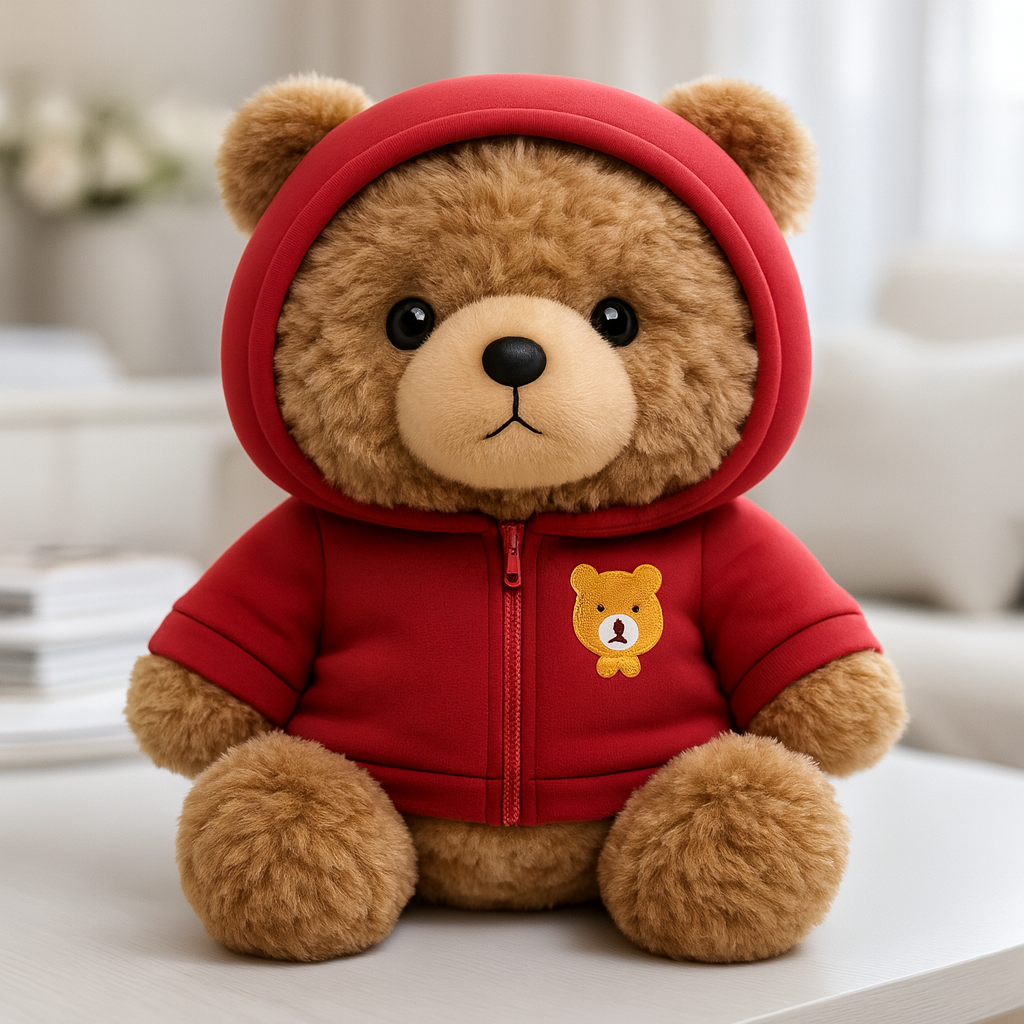 Plyschbjörn med röd hoodie som sitter upprätt