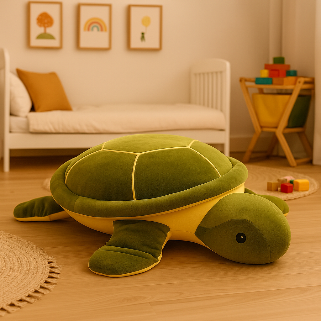 Stor grön plyschsköldpadda med mjukt skal och vänliga ögon liggande på en vit bakgrund.