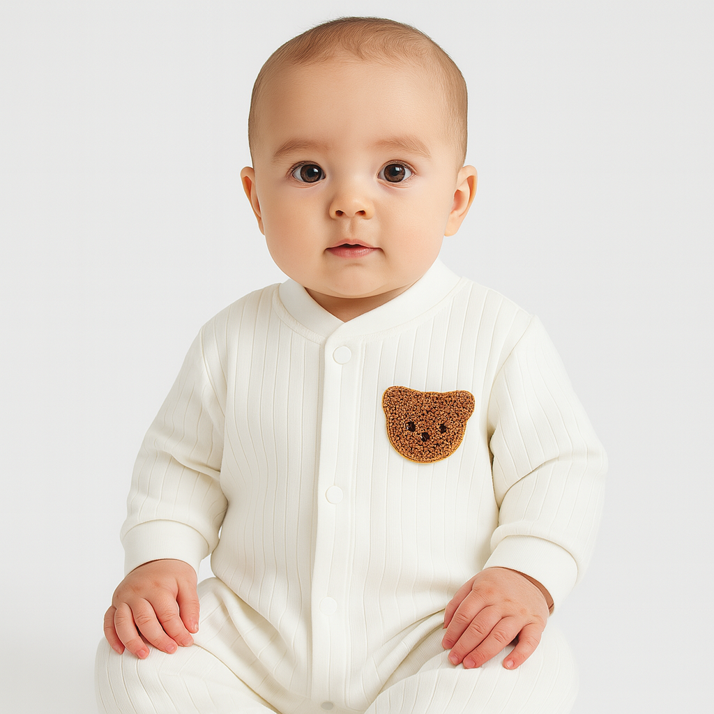 Vit ribbad babyoverall med brun virkad björnpatch på bröstet