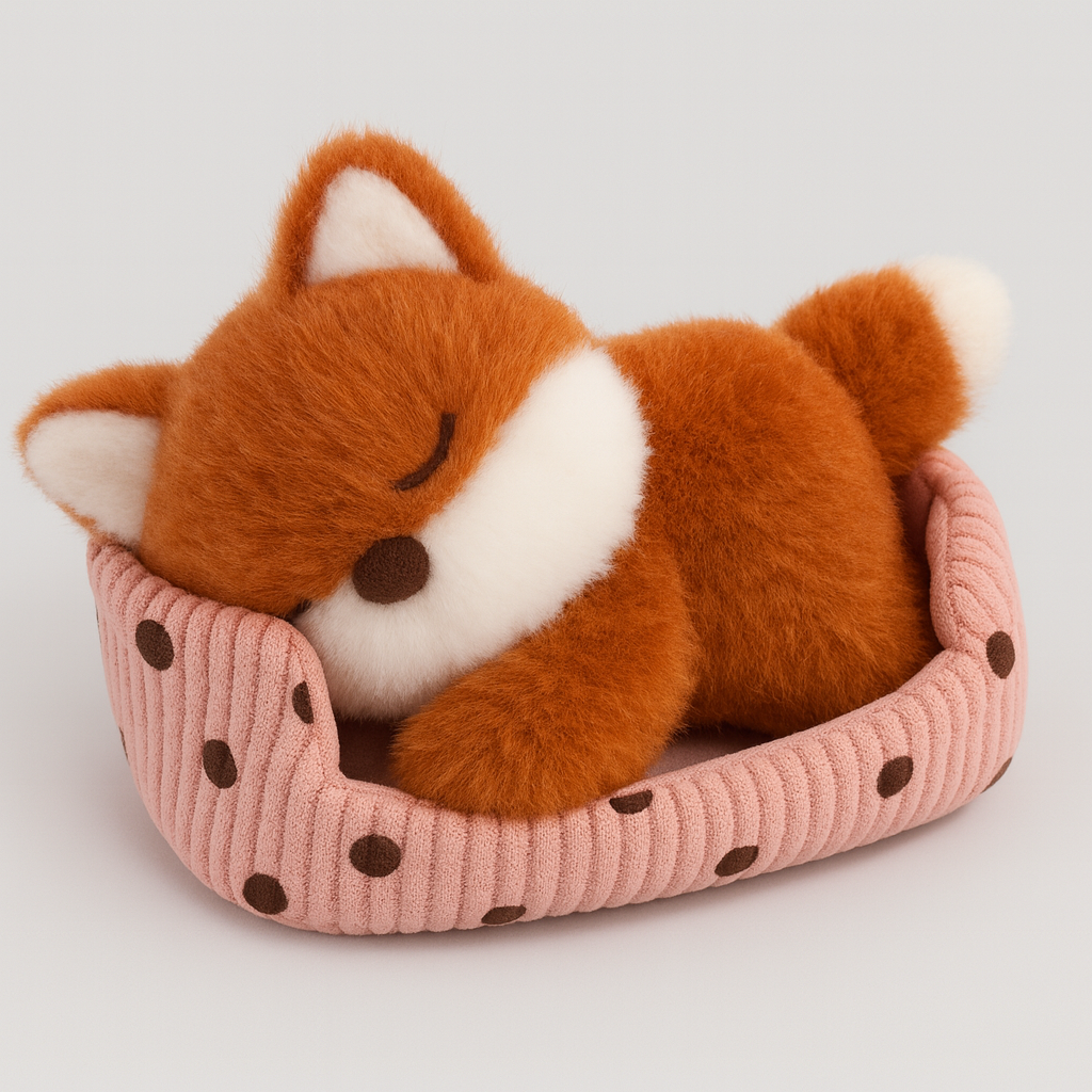 Sovande plyschräv med vita detaljer som ligger i en rosa prickig tygbädd.