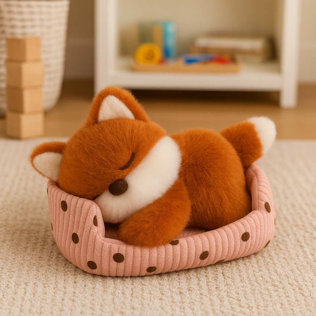 Sovande plyschräv med vita detaljer som ligger i en rosa prickig tygbädd.