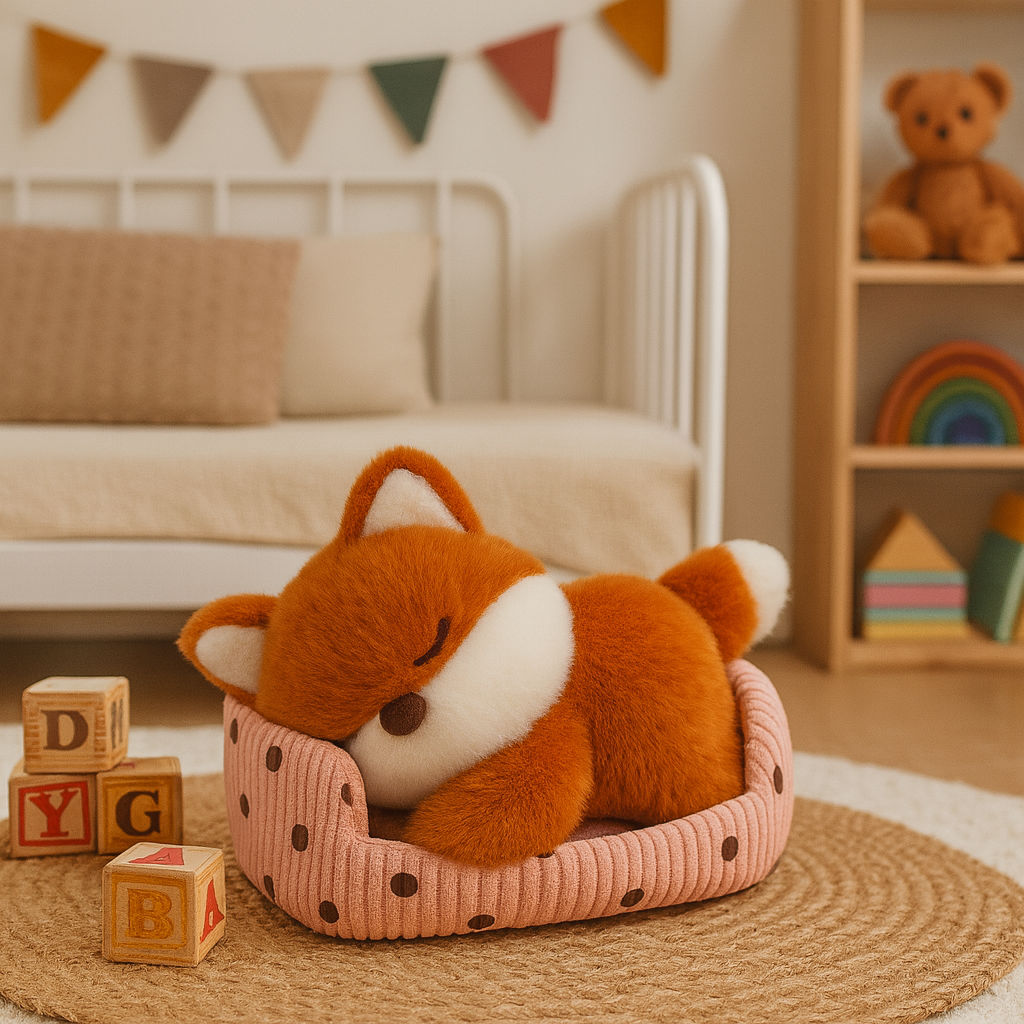 Sovande plyschräv med vita detaljer som ligger i en rosa prickig tygbädd.