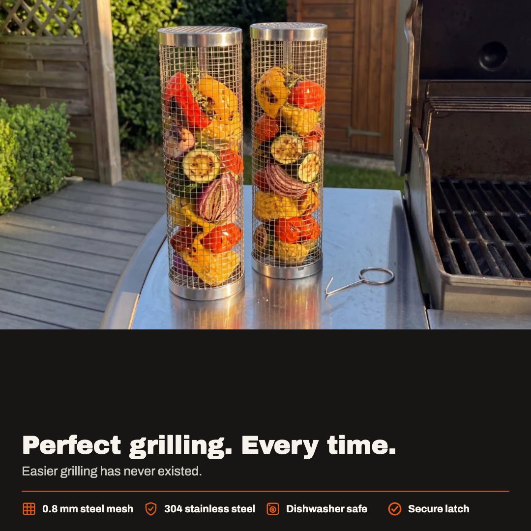 Classic Grill Basket features: steel mesh, 304 stainless, dishwasher safe, secure latch