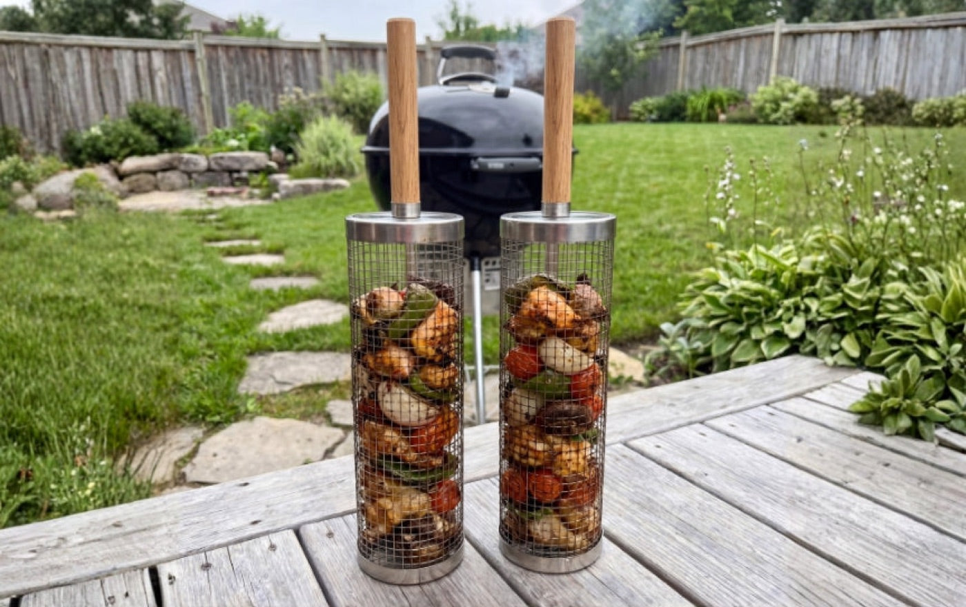 Rolling Grill Baskets loaded with vegetables