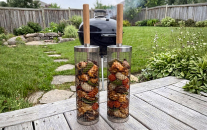 Rolling Grill Baskets loaded with vegetables
