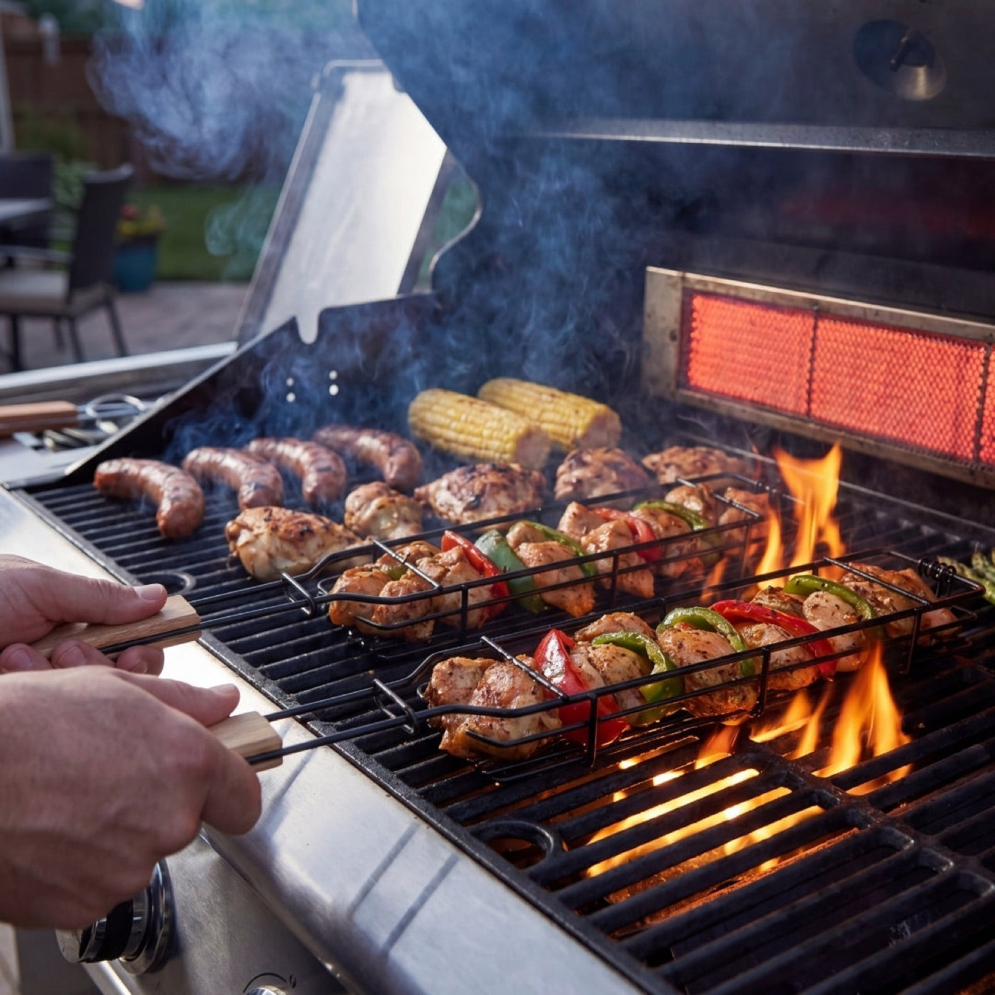 Skewer Basket flipping kebabs over flames